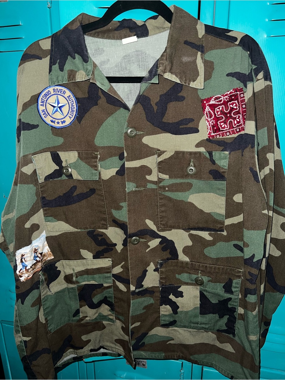 Repurposed Camo Utility Button-Up Jacket with Patch Details